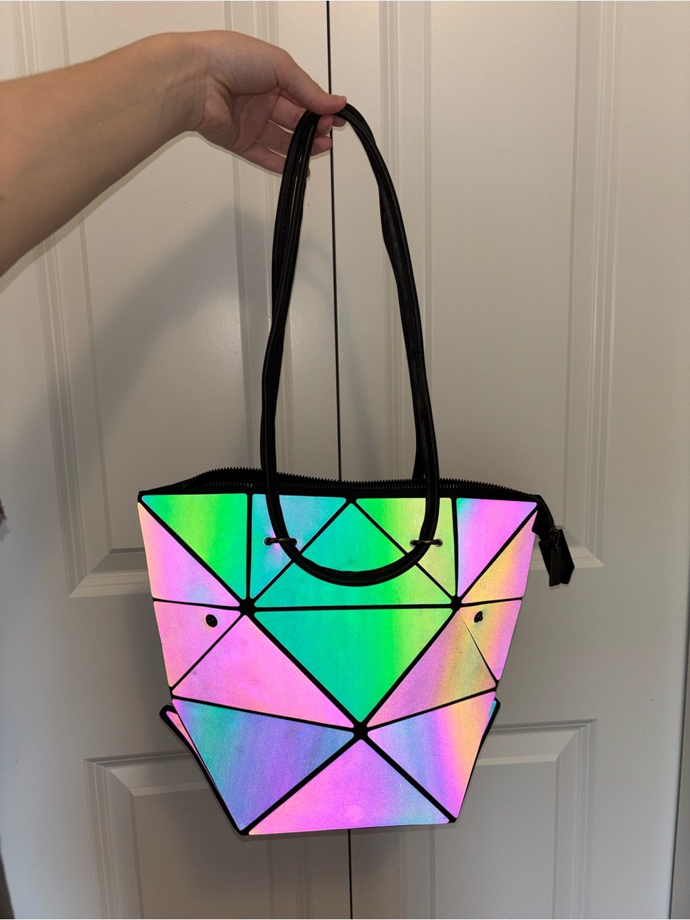 Iridescent Geometric Tote Bag with Black Handles